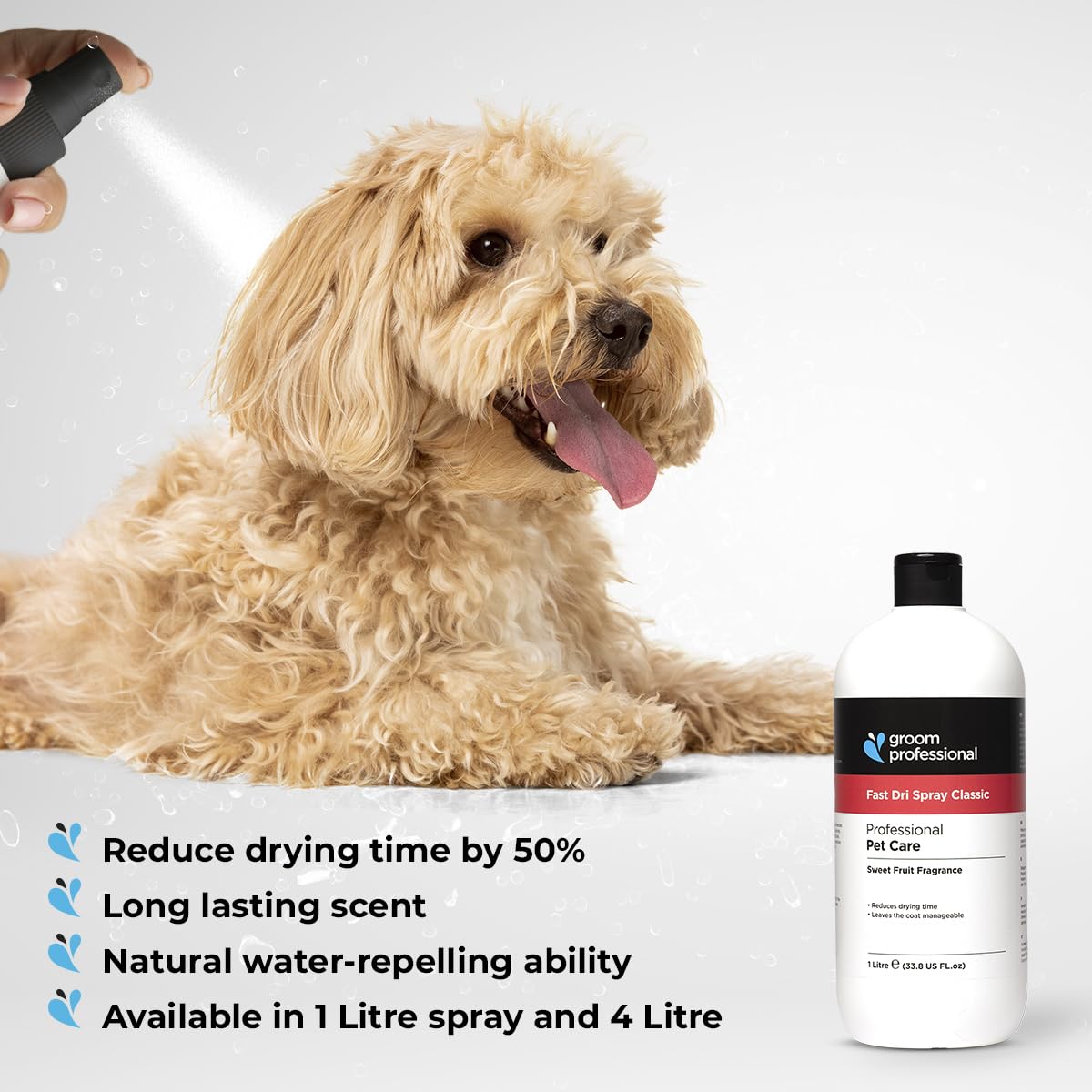 GROOM PROFESSIONAL Fast Dri Classic Spray (1 L) – Schnelltrocknendes Spray für Hunde & Katzen, Reduziert Trockenzeit um 50%, Mit Pflegestoffen, Ohne Rückstände, UK
