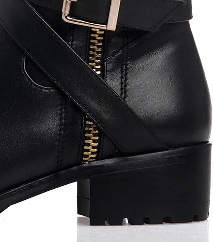 Miniatura 5 de TinaCus Botas altas de cuero genuino hechas a mano con punta redonda y cremallera lateral para mujer, tacón bajo y grueso, con hebilla elegante