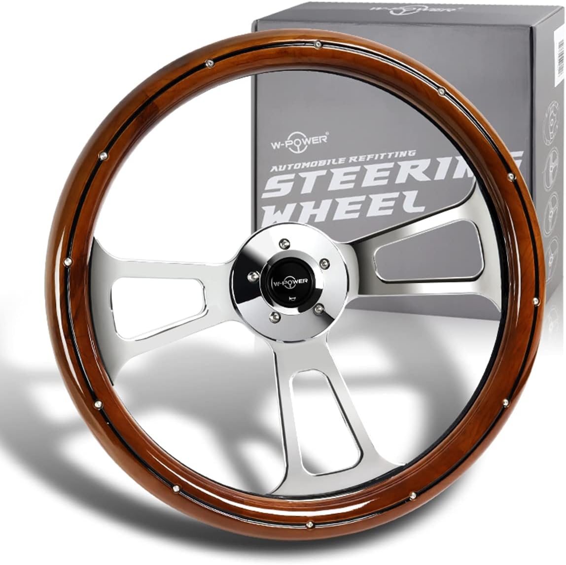 18" Universal 457mm 5 Bolt, 2.5 Inches Deep, Chrome Spokes, Wood Grip Steering Wheel With T01 Hub Adapter Compatible With 1986-2006 Freightliner All Models (Dark Wood Grip)