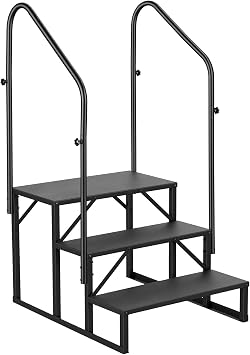 3 Step Caravan Steps with Handrail, Heavy Duty Outdoor Step Ladder, Carbon Steel Anti Slip Caravan Step Ladder for Camper Motorhome Porch Hot Tub Garden Steps, 660lbs Load Capacity Black
