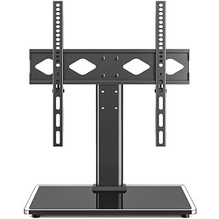 Rfiver Table Top TV Stand Base with Universal Mount Bracket for 27" to 60" TVs, Height Adjustment for Better Viewing, Black Tempered Glass Base and Strong Steel Design