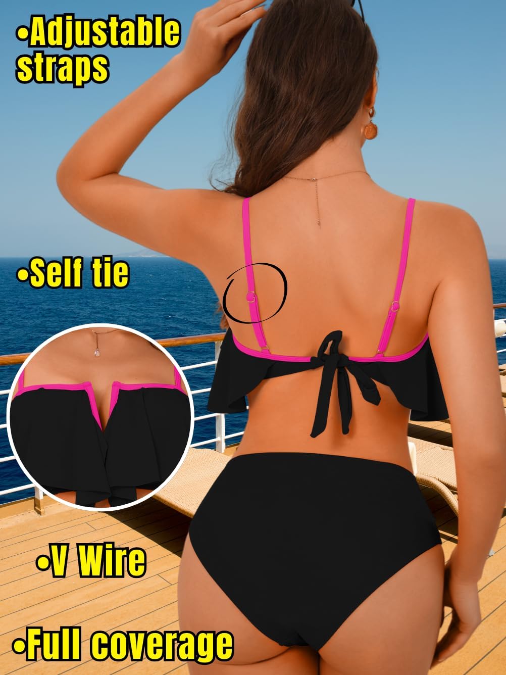 Ruffle V-Wire Bikini Set, Color Block Self-Tie Flowy, Mid Rise Full Coverage Bottom 2 Piece Swimsuit for Women - Image 3