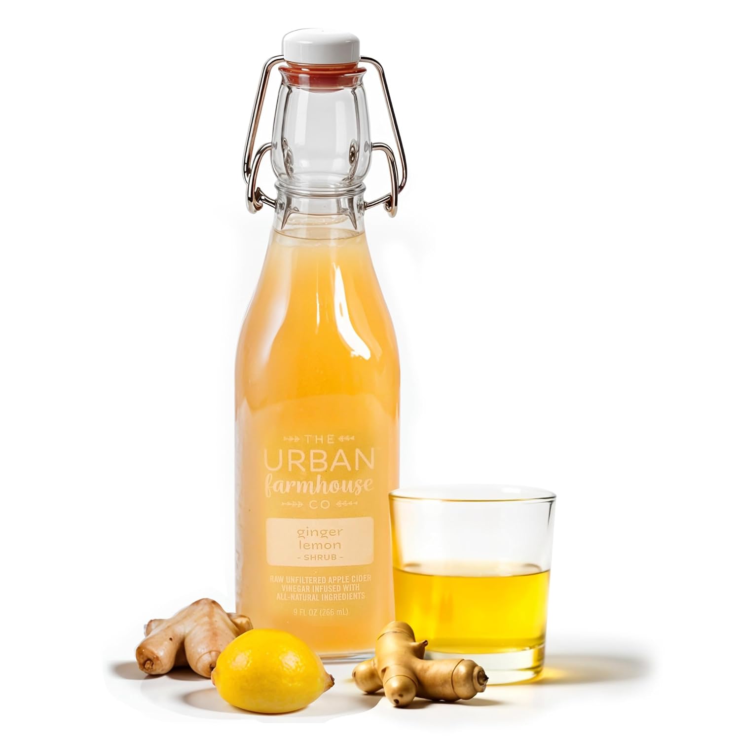 The Urban Farmhouse Co Organic Vinegar Shrub – Ginger Lemon, 9 oz Bottle – Small Batch Drinking Vinegar with Apple Cider Vinegar & Fresh Citrus – Cocktail Mixer, Gut Health Tonic, No Sugar Added