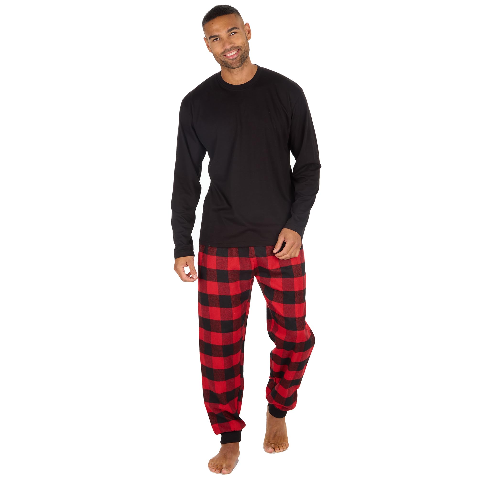 Metzuyan WS-AW24 Mens Jersey Cuffed Pyjama Set Longline Jeresey Cotton Blend Checked Crew Neck Nightwear Pyjamas Black L