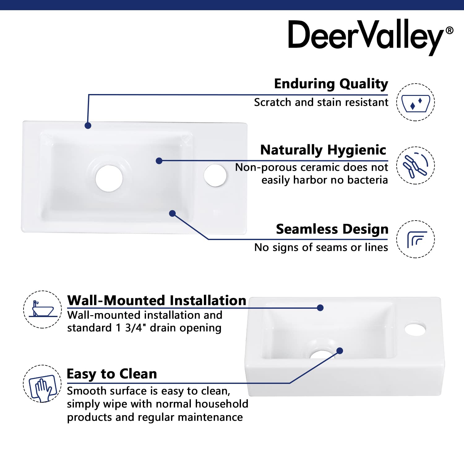 DeerValley DV-1V081R Lavamanos de baño de pared de cerámica, lavamanos de cerámica rectangular blanca en baño pequeño(mano derecha)