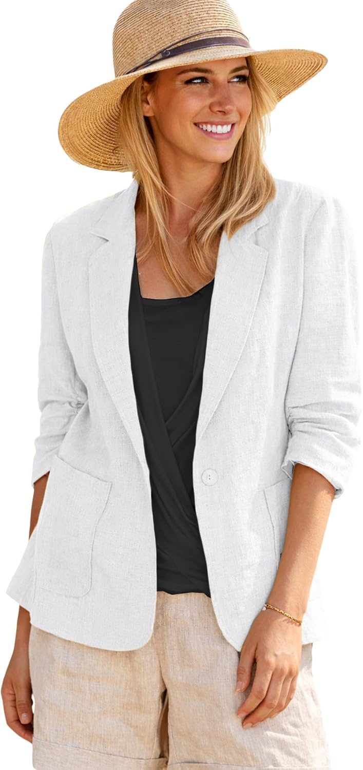 Mina Self 2026 Spring Linen Blazer Women - Lightweight 3/4 Stretchy Ruched Sleeve Fully-Lined Casual Work Jacket with Pockets