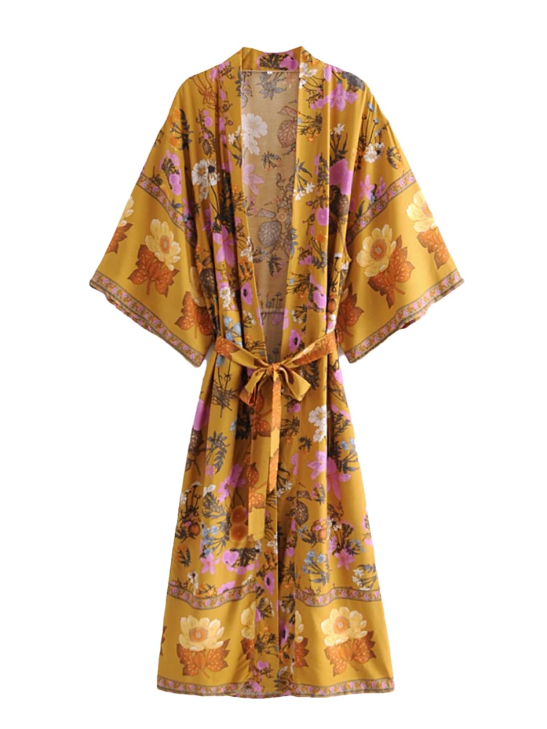 Disimlarl Kimono da donna con stampa floreale, maniche a pipistrello, stile bohémien, scollo a V, fascia per bikini