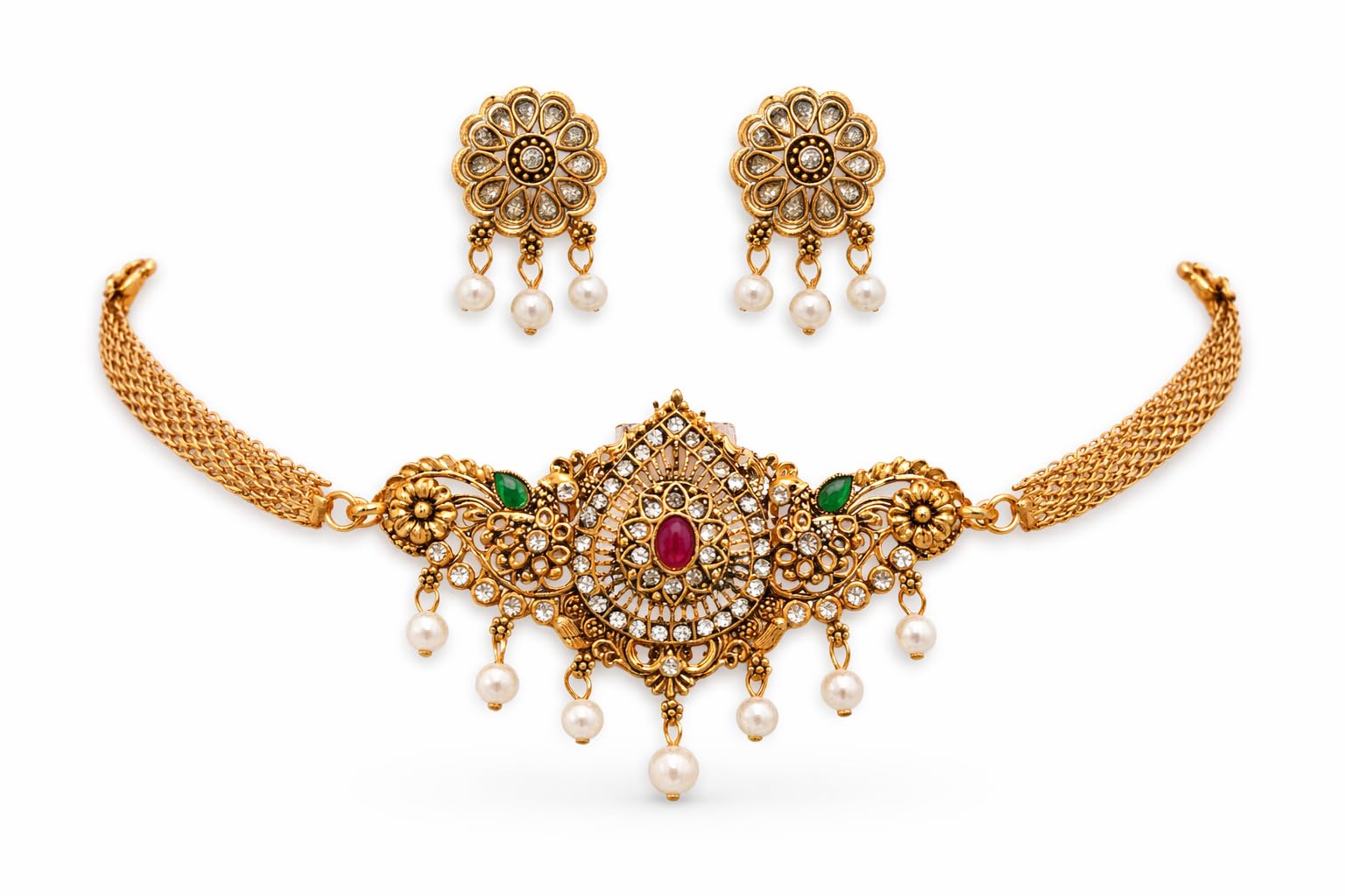 Traditional Gold Tone Necklace Set with Earrings, Floral Design, Pearl Drops, Kundan Stones, Ruby Emerald Accents-image-45