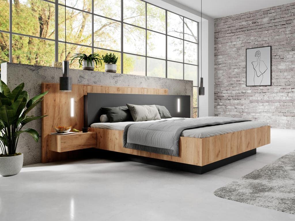 Vente-unique - Lit avec chevets 160 x 200 cm - 2 tiroirs - avec LEDs - Coloris : Naturel et Anthracite + Sommier - FRANCOLI