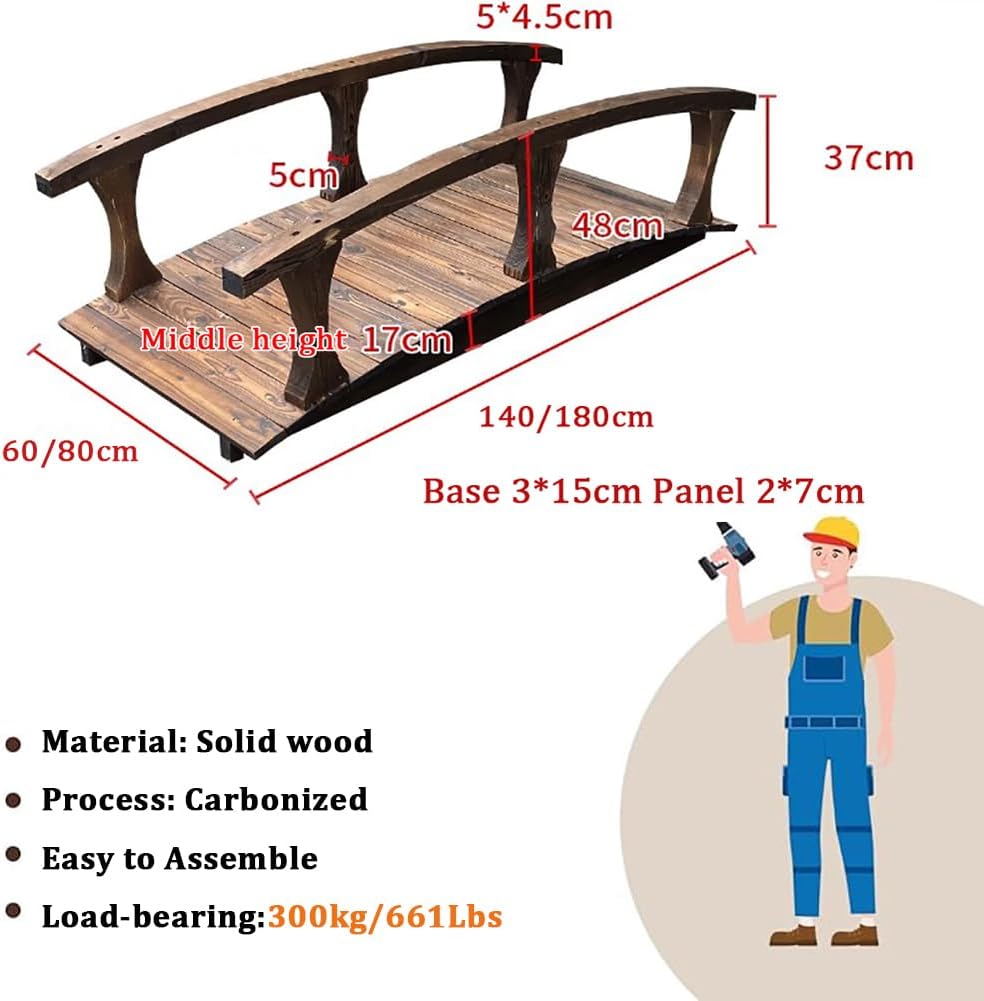 Japanese Style Wooden Garden Bridge, Outdoor Decorative Arched Pedestrian Bridge, Double Handrail Landscape Bridge, Garden Walkway Path Pond Bridge, Length 140/180CM,L140×w60×h48cm