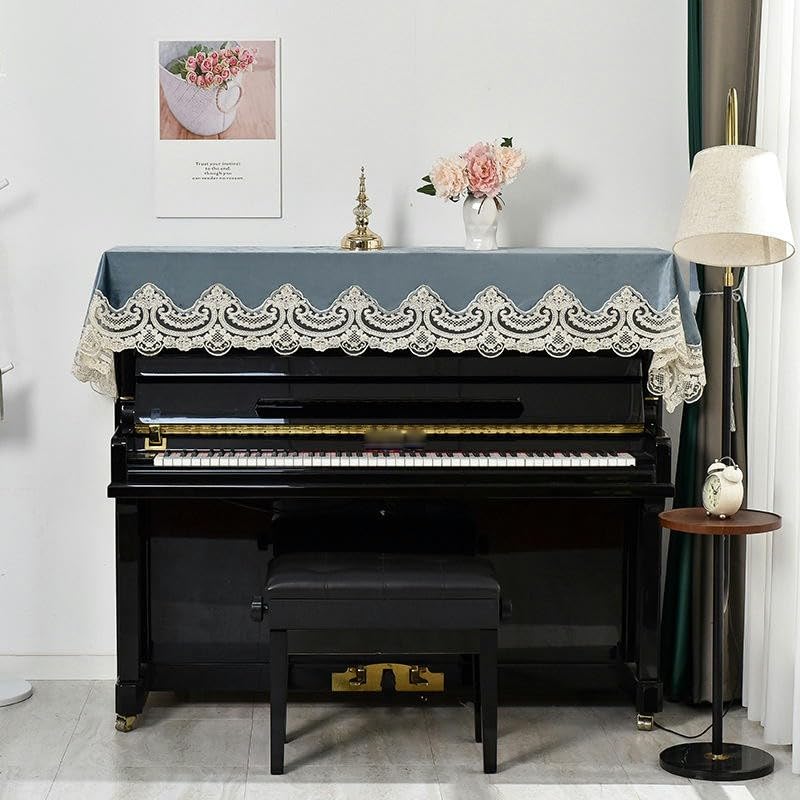 Klavier-Staubschutz, Klaviertastatur-Abdeckung, 200 x 70 cm, blau-goldener Samt, Spitze, Rüschen, Staubschutz for aufrechtes Klavier, mit Hocker-Abdeckung, halber aufrechter Klavierbezug, Stoff, Sonne