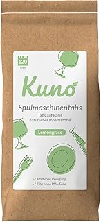 Kuno Spülmaschinentabs - 120 Tabs - Biologisch abbaubar und ohne Plastik - Effektive Reinigung - Frischer Lemongrass Duft (1er Pack, 120, stück)