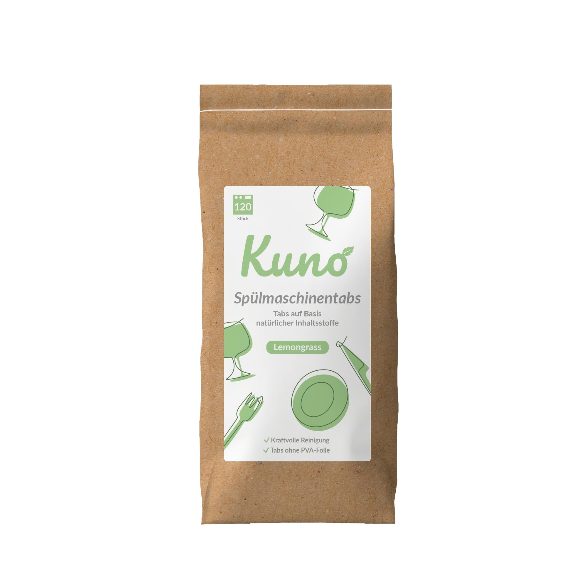 Kuno Spülmaschinentabs - 240 Tabs - Biologisch abbaubar und ohne Plastik - Effektive Reinigung - Frischer Lemongrass Duft (2er Pack, 240, stück)