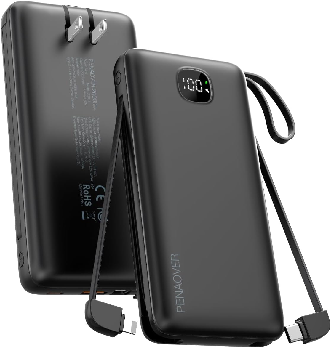 Portable Charger with Built-in Cables&AC Wall Plug,5 Output 2 Input 20000mAh Power Bank,22.5W Fast Charging Battery Pack with LED Display,Compatible with iPhones,Android, Samsung etc,Black