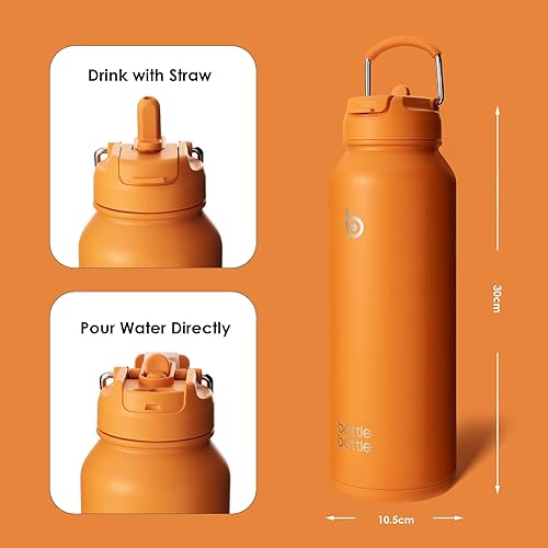 Miniatura 4 de BOTTLE BOTTLE Botella de agua deportiva de 40 oz botella de agua aislada de acero inoxidable con popote y soporte para pastillas (naranja)