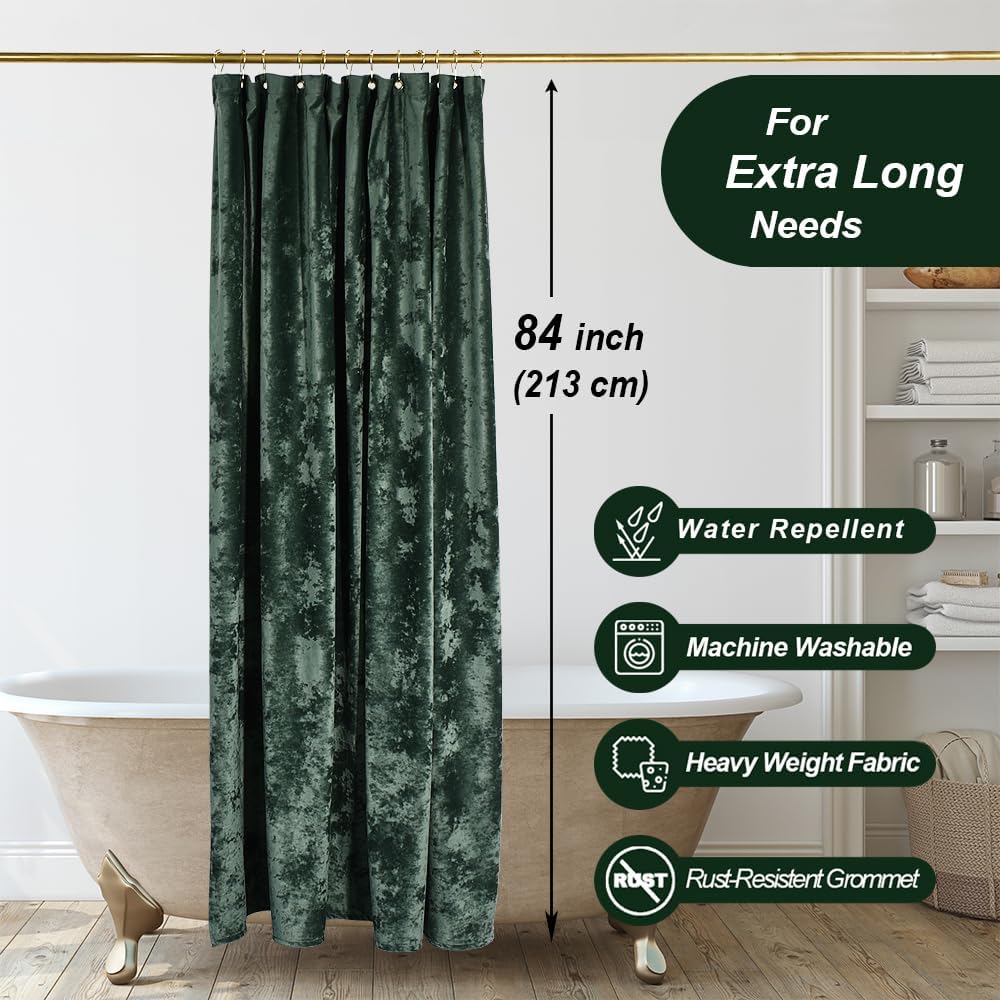 TAMGHO Extra Long Shower Curtain 84 inch Height, Crushed Velvet XL Shower Curtain Set with 12 Gold Hooks, Waterproof Thick Fabric, Machine Washable, 72W x 84H, Dark Green