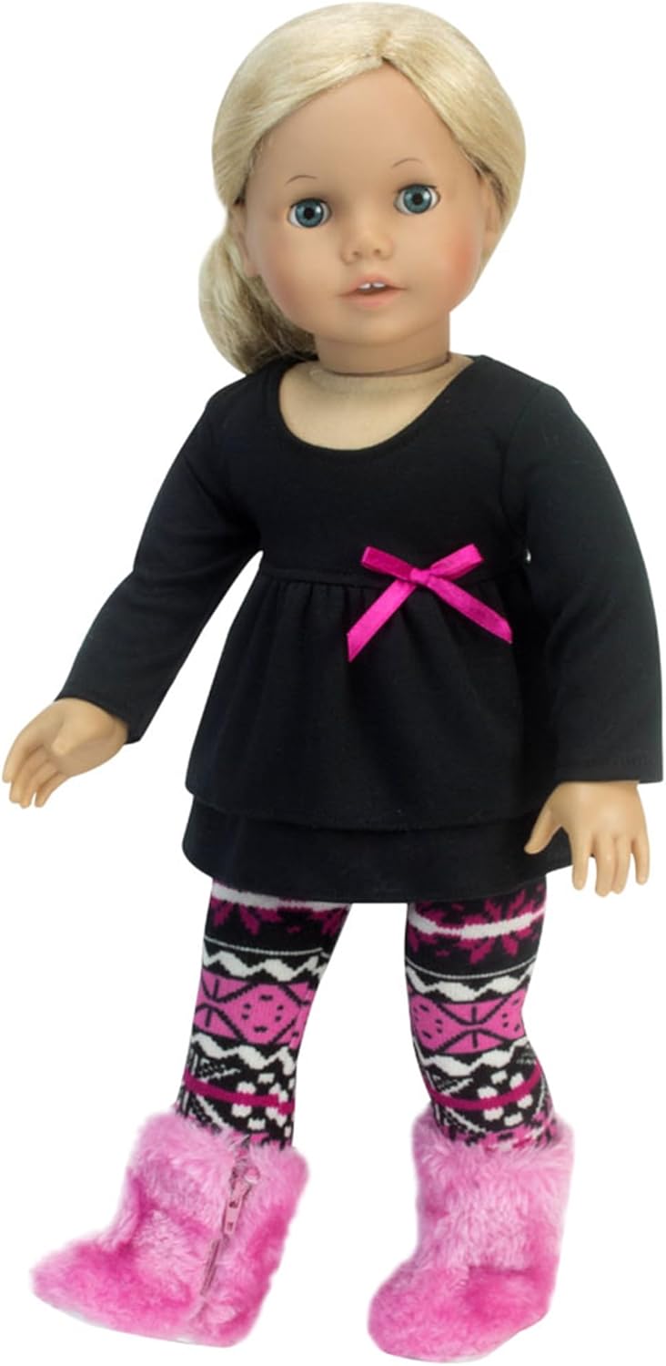 Sophia's Mix & Match Ikat Print Knit Leggings, Long-Sleeved Ruffle Top, & Fuzzy Boots Complete Outfit Set for 18” Dolls, Hot Pink/Black