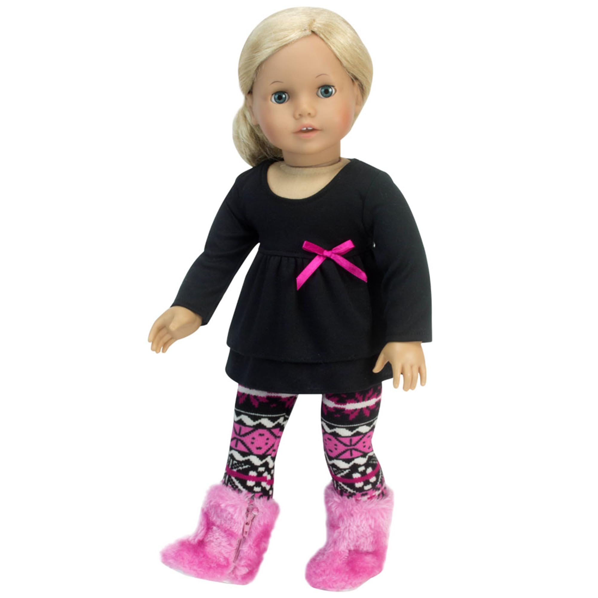 Sophia's Mix & Match Ikat Print Knit Leggings, Long-Sleeved Ruffle Top, & Fuzzy Boots Complete Outfit Set for 18” Dolls, Hot Pink/Black