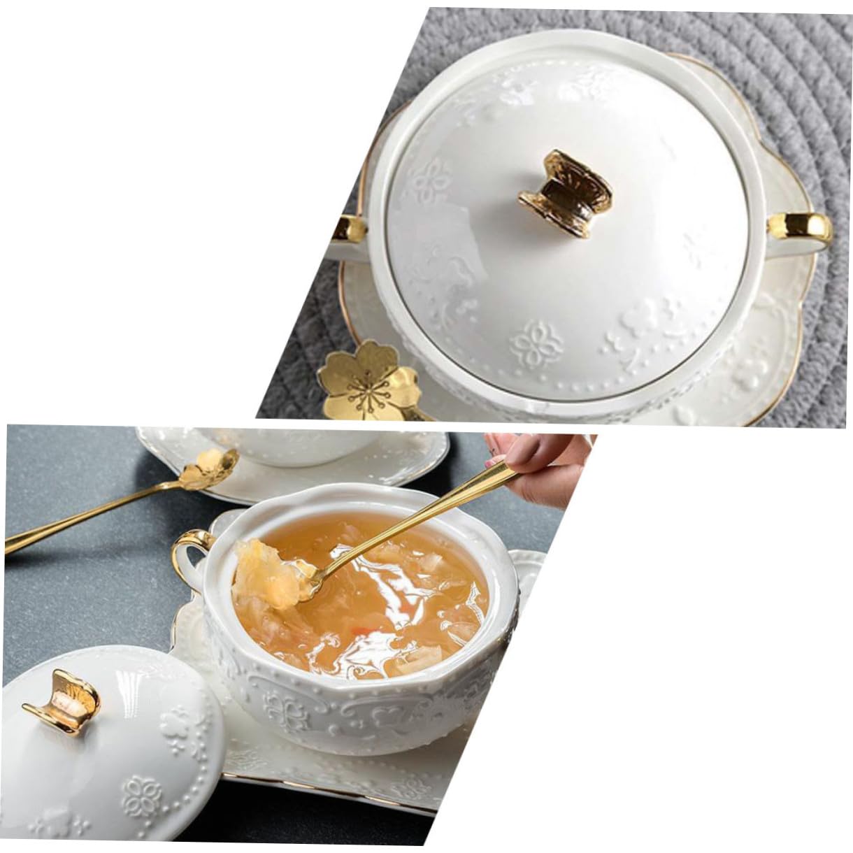 Toyvian Keramik Dessertschale 3 Stück Weiß mit Henkel, Klassisch | Deckel, Löffel und Tablett, für Restaurants und Zuhause, Dekorative Wirkung