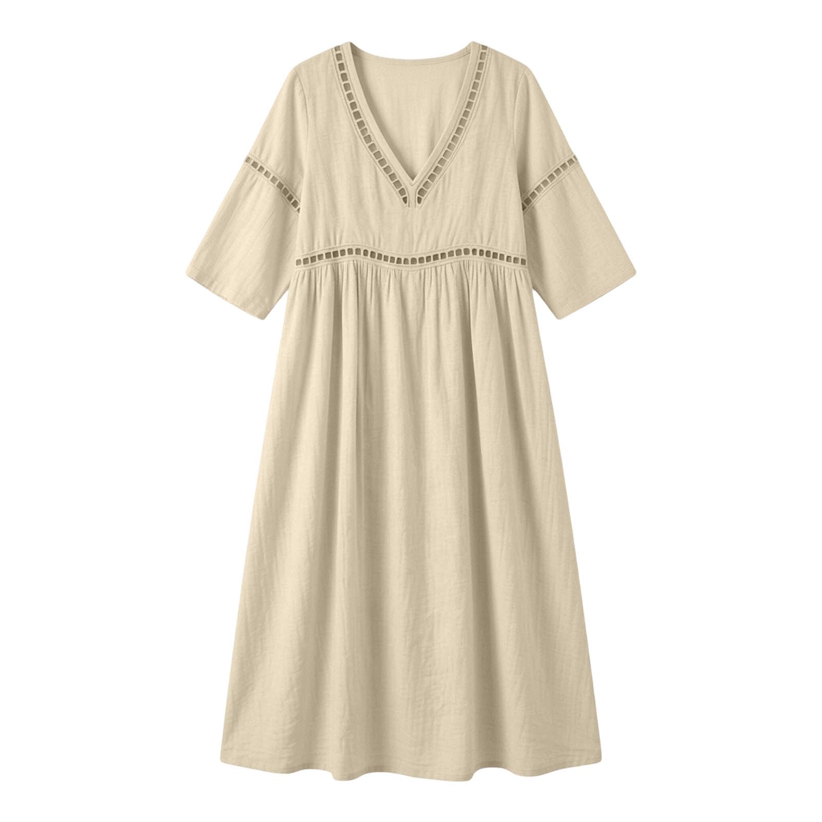 Generico Abito Lino Donna Abito Estivo a Maniche a 3/4 Boho Chic Abiti Vacanza Comodo Taglie Forti Vestito Lungo in Cotone Scollo a V Largo Vestiti da Spiaggia Tinta Unita Morbido e Traspiranti