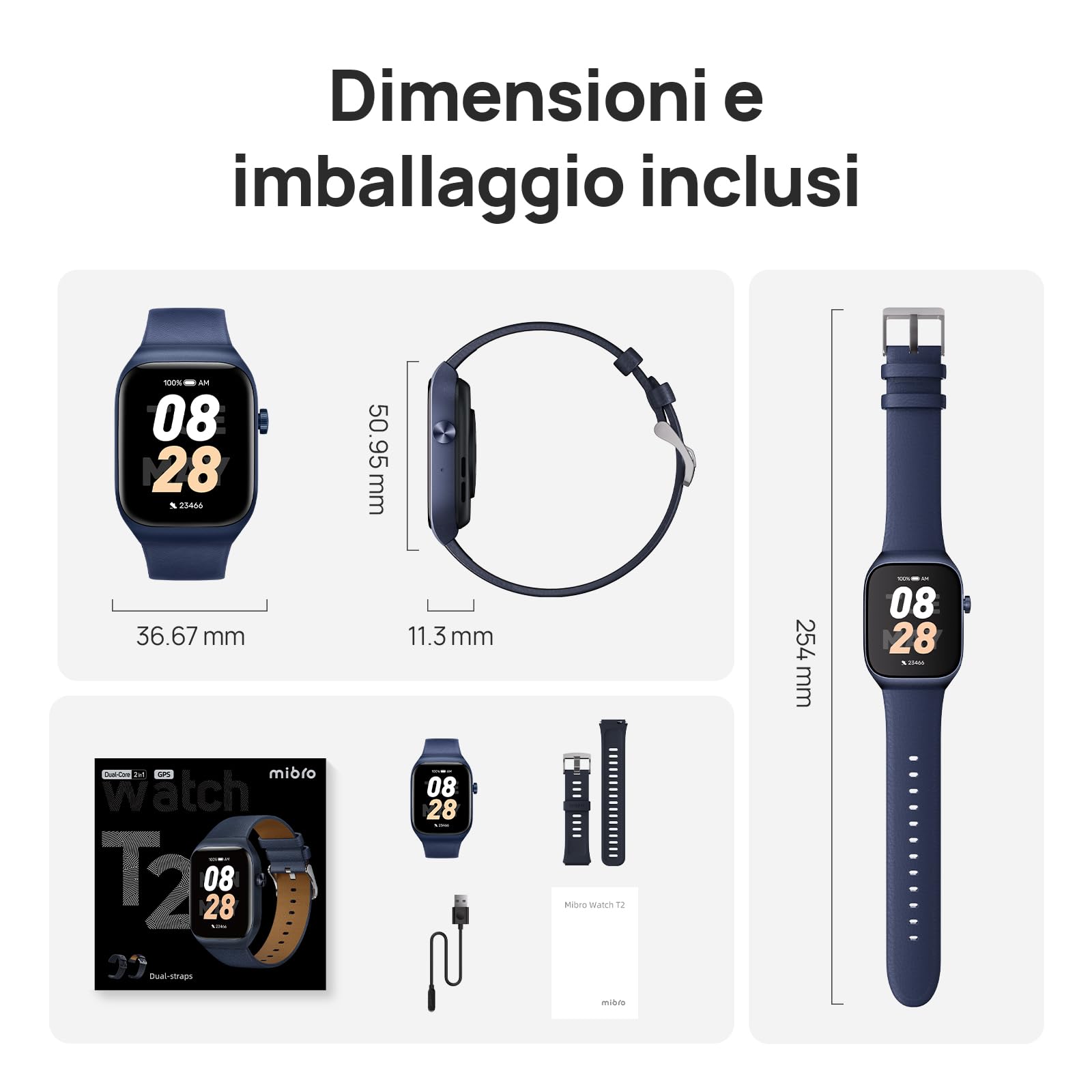 Mibro T2 Smartwatch Uomo Donna, 1.75" AMOLED, Chiamate Bluetooth, GPS, Blu | Smartwatch per Corsa/Trekking/Palestra, Monitoraggio Fitness, Sonno & Battito, 100+ Sportive, per Android/iOS