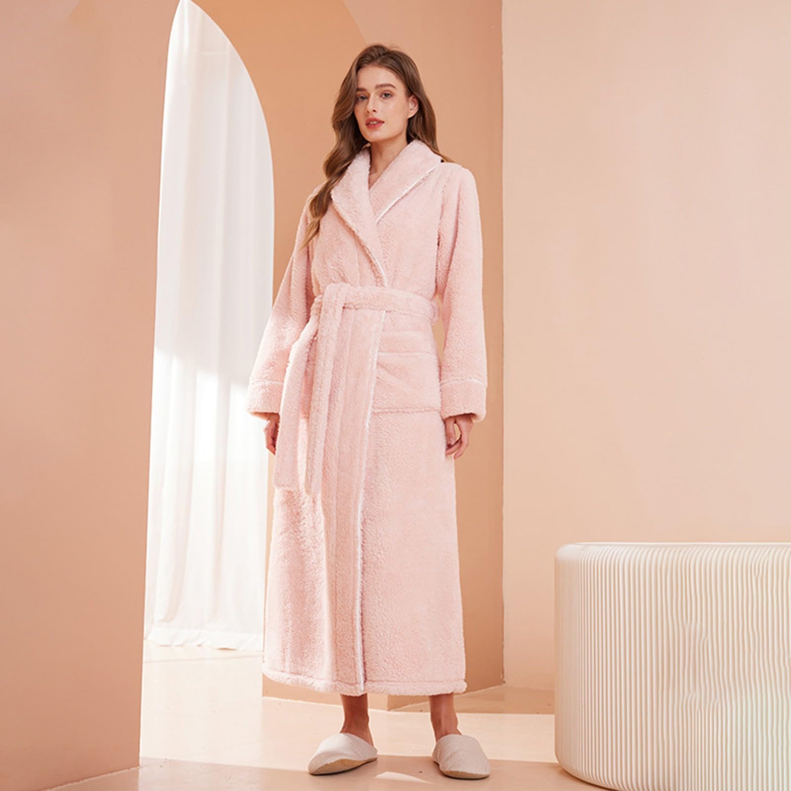 Accappatoio da donna lungo, in pile, caldo, spesso, soffice, senza