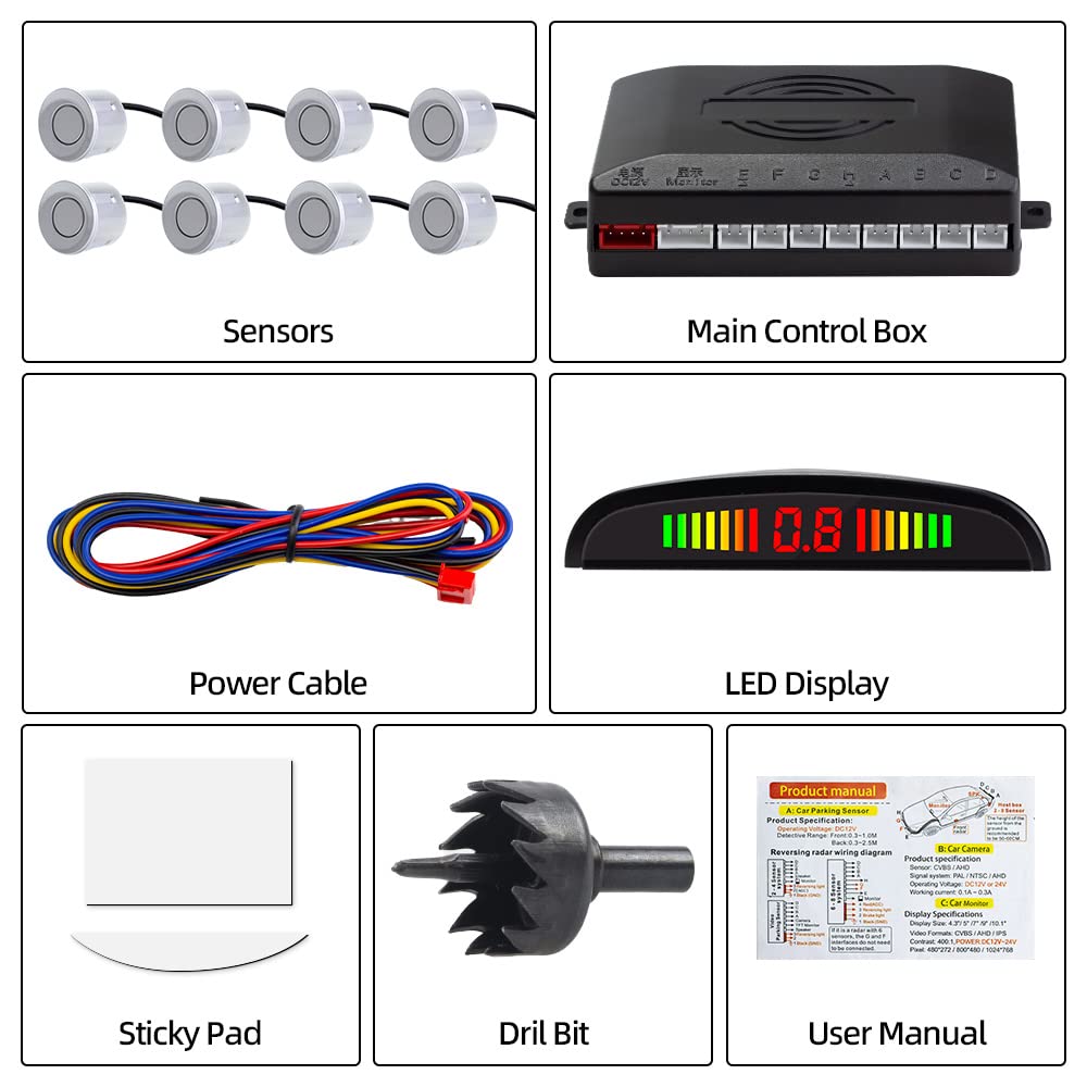 Radar de Recul Voiture, Aide au Stationnement avec 8 Capteurs de Stationnement Avant Arrière avec Buzzer Affichage LED (8 Capteurs, Argenté)