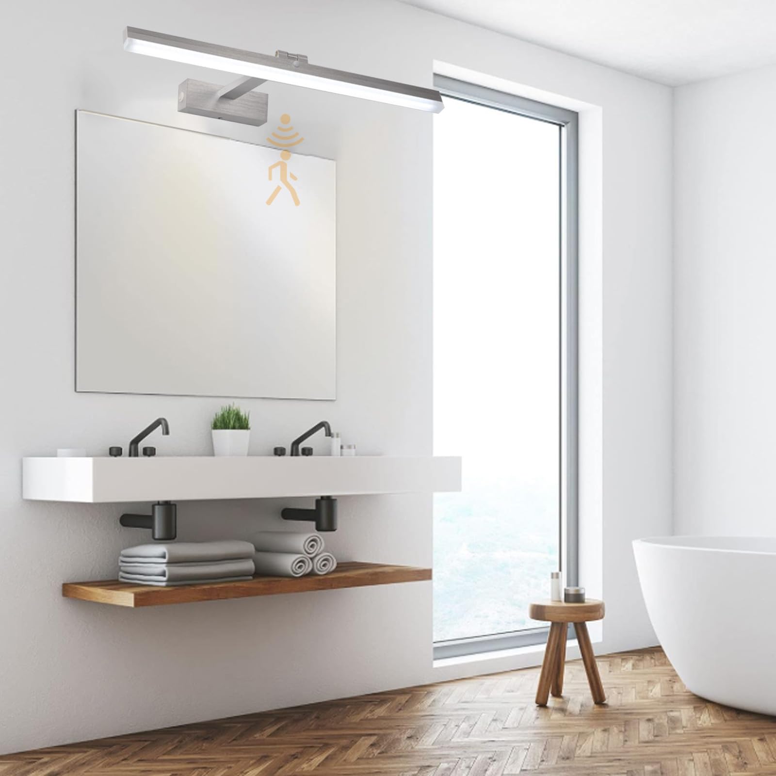 Kinkiet LED do łazienki z czujnikiem ruchu 120 stopni, akrylowy, aluminiowy, minimalistyczny, długi kinkiet, nowoczesna dekoracja lustrzana do salonu, sypialni i kuchni, sreb,Silver Neutral Light-80cm