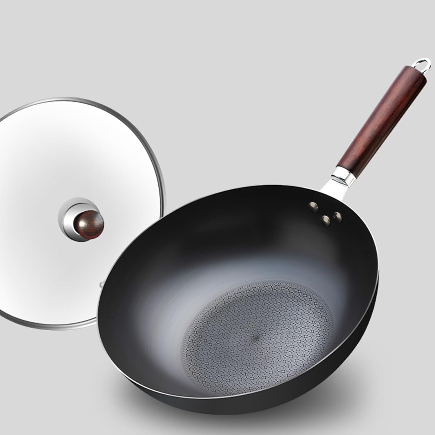 Carbon Steel Wok Pan, Stir-Fry Pans with Lid, No Chemical Coated Flat Bottom Chinese Woks Pan for Induction, Electric, Gas, Halogen All Stoves