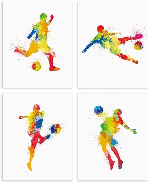ANHUIB Watercolor Soccer Player Art Picture Poster,Sport Player Poster, Set of 4 (8" X 10") Football Player Kicking Posture Of The Ball, Canvas Wall Art for Boy Room Bedroom Decor Unframed