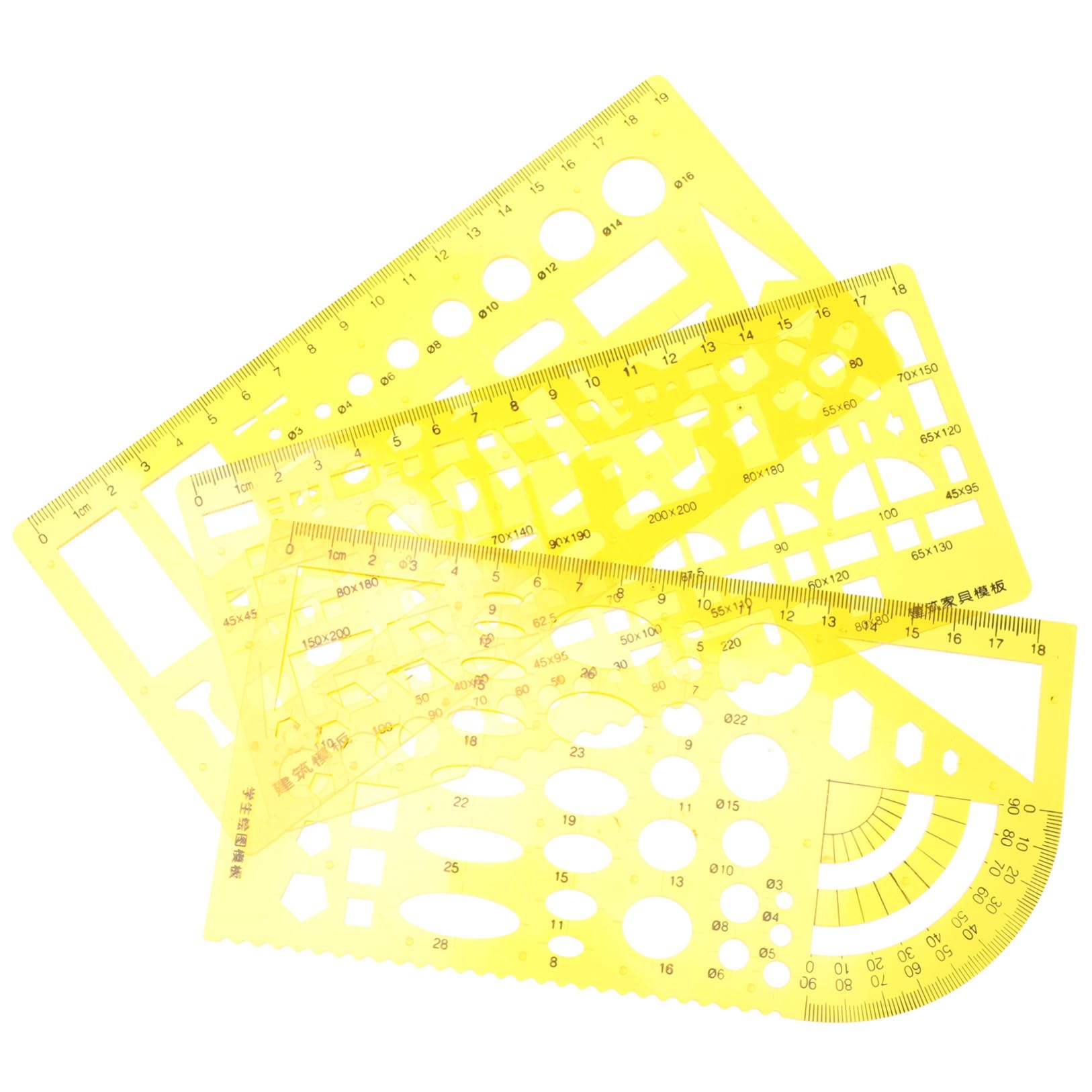 SHINEOFI 3 Sätze Messwerkzeug Lineal kreisschablone innenarchitektur zeichenschablonen Messlineal Zeichenquadrat Geometrie multi Kreisvorlage zum Zeichnen Schablonen ziehen Plastik Yellow