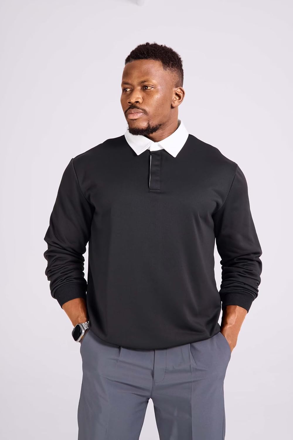 Mens Long Sleeve Polo Shirt Button Down Classic Pullover Sweatshirts for Men Polos with Contrast Collar - Image 5