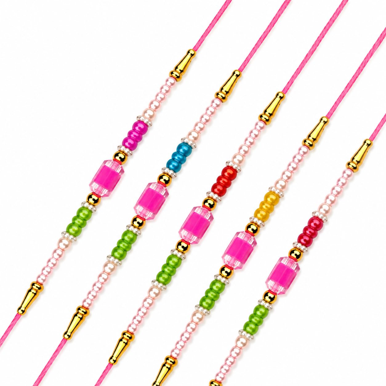 Colorful Beaded Rakhi Set with Pearl & Acrylic Beads, Pack of 5-picture-49