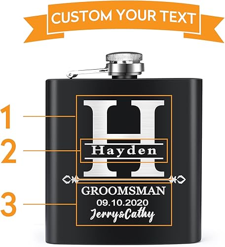 Miniatura 2 de Juego de 6 regalos para padrinos de boda, regalos de padrino de boda personalizados de acero inoxidable de 6 onzas. Frasco personalizado, ideal para