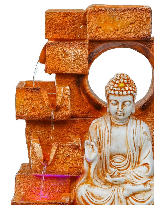 Image of Multicolor Polyresin Tabletop Buddha 5 Step Indoor Water Fountain for Home Decor with LED, Speed Control Pump (Size: 25.5 x 17.5 x 44 CM | Weight: 2525Gram)