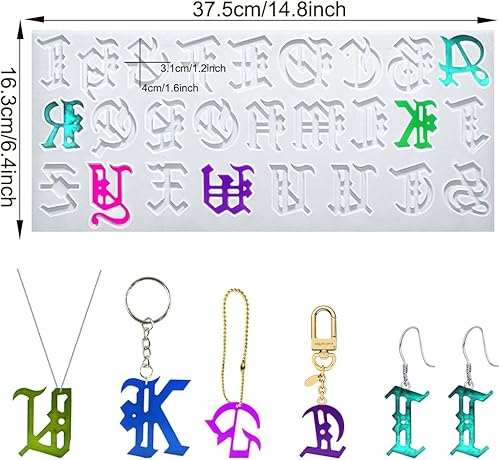 Miniatura 6 de Zayookey Molde de letras góticas para resina epoxi, llavero de alfabeto de lujo, molde de silicona, molde de fundición de resina para aretes,
