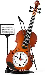 Relógio Despertador Decorativo em Formato de Violino Design Musical com Suporte de Partitura Movimento Quartz Silencioso 27cm Mesa Escrivaninha Sala Estúdio Presente Criativo