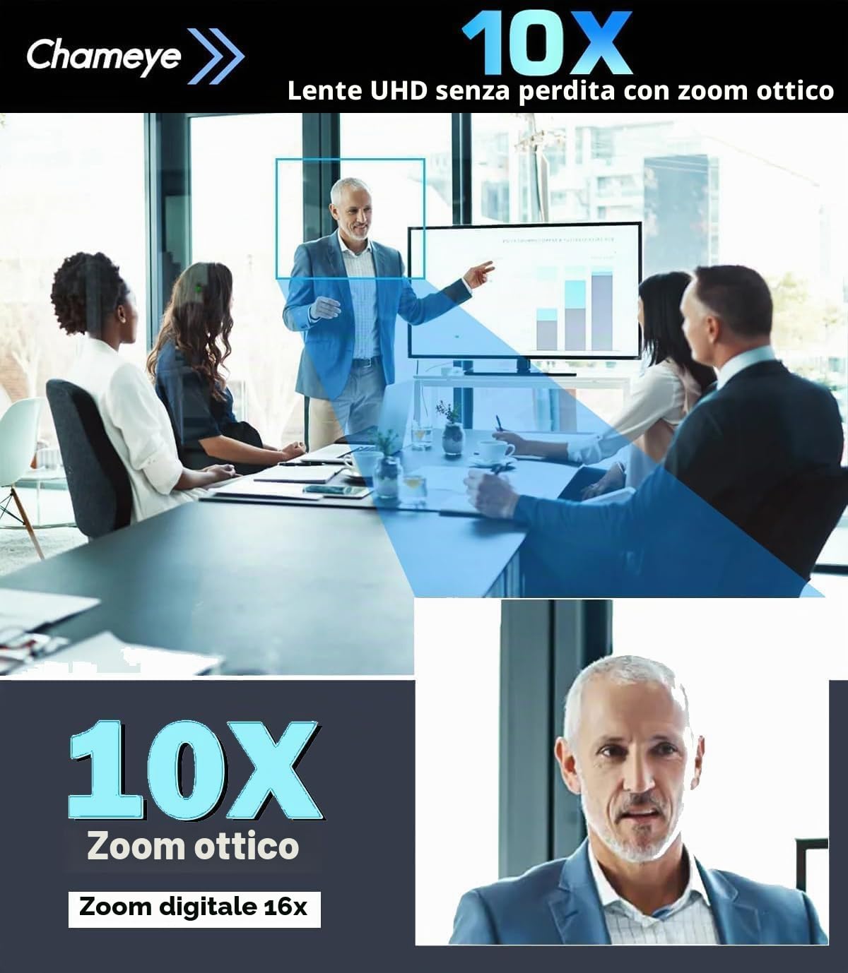 Chameye 4K PTZ Telecamera con 10x Zoom Ottico AI Tracciamento USB3.0/HDMI/LAN(PoE), Registrazione della scheda TF, Telecamera per Conferenze e Streaming YouTube/OBS (C410)