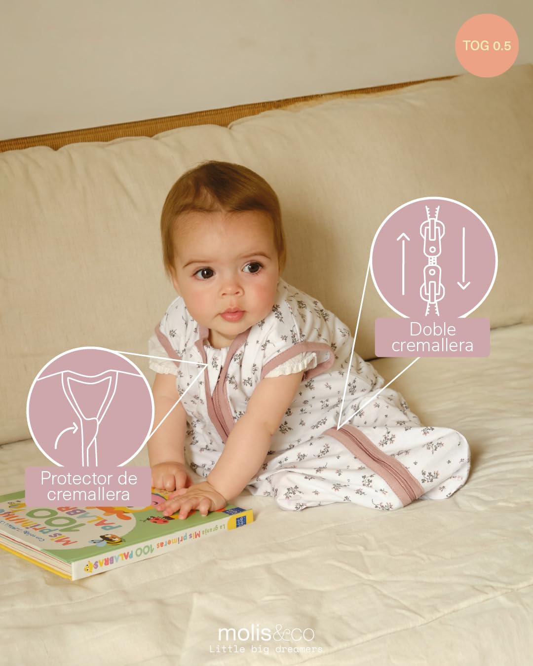 molis&co - Saco de Dormir para bebé 0.5 TOG - 70 cm (0-6 Meses) - Saco Dormir Bebe Verano sin Mangas - Saco de Dormir Bebe para Niños Niñas (Unisex) - 100% Algodón (Certificado Oeko-Tex) - Bloom Pink — view 3