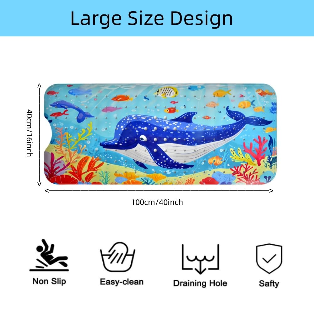 Tappetino per vasca da bagno per bambini, 100 cm x 40 cm, extra lungo, tappetino antiscivolo per vasca da bagno, con ventose e fori di scarico, per vasca da bagno