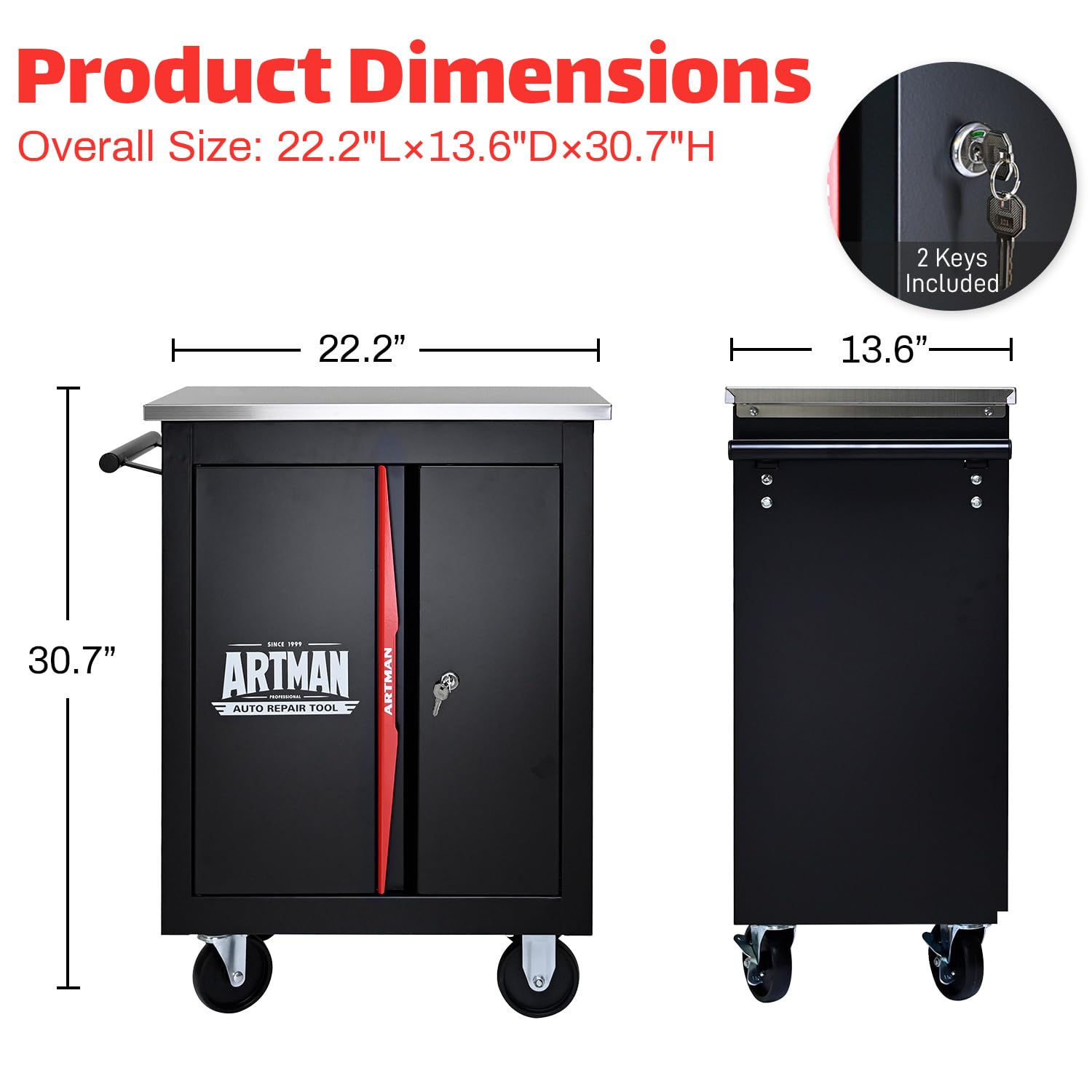 2-Door Tool Chest Rolling Tool Box on Wheels Utility Tool Cart Mechanic Tool Storage Cabinet 2-Shelf Clapboard Multifunctional Tool Trolley for Garage, Warehouse, Repair Shop, 13.6