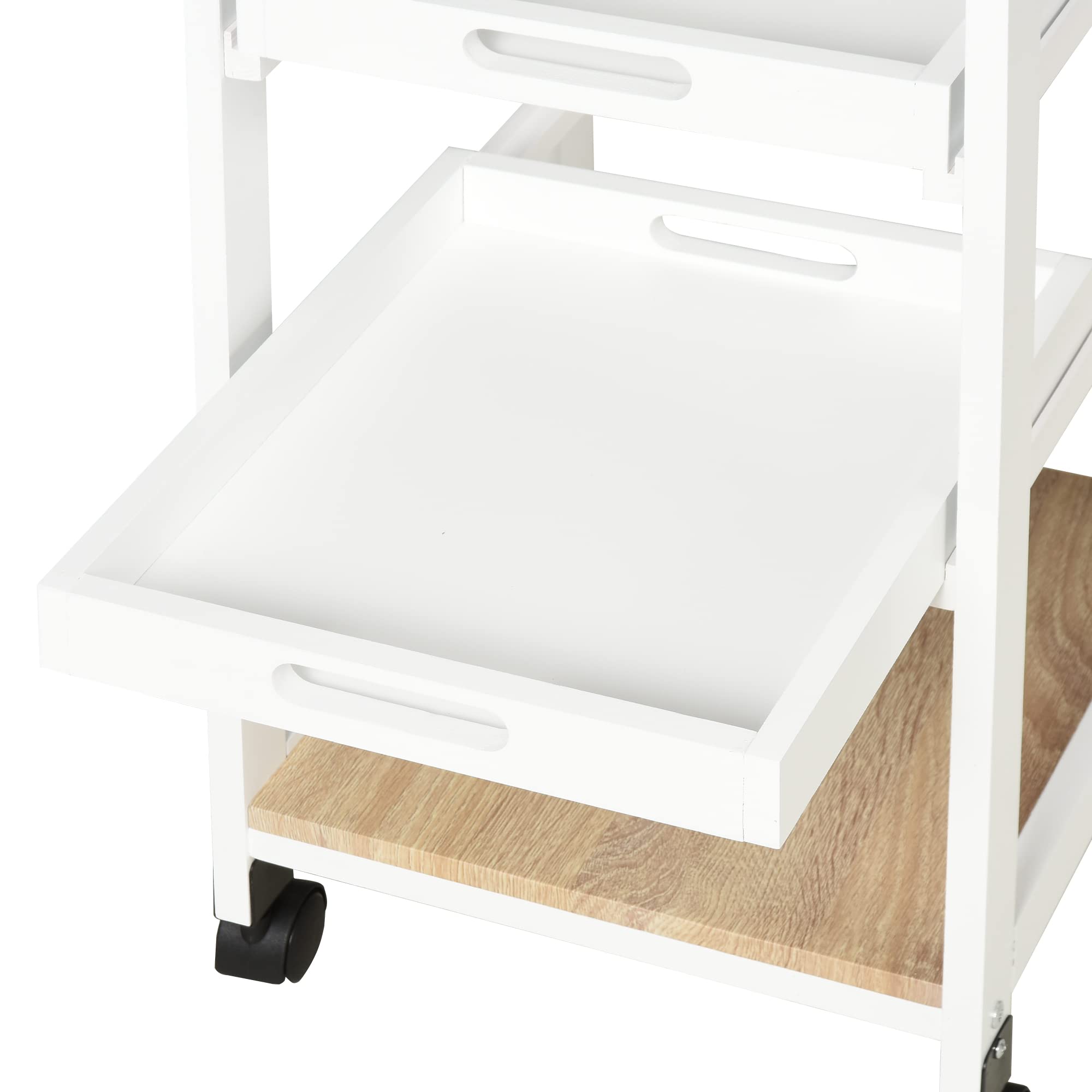 HOMCOM Chariot de Service desserte de Cuisine à roulettes 2 Plateaux Amovibles, tiroir, étagère chêne Clair Bois pin Blanc