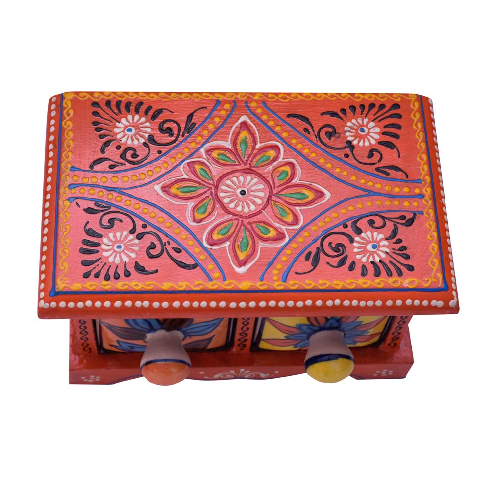 HC THE CRAFTS Hand Decorated Painting Handmade Wooden and Ceramic Drawers Small Chest Jewellery (Orange) (Orange Color) 2