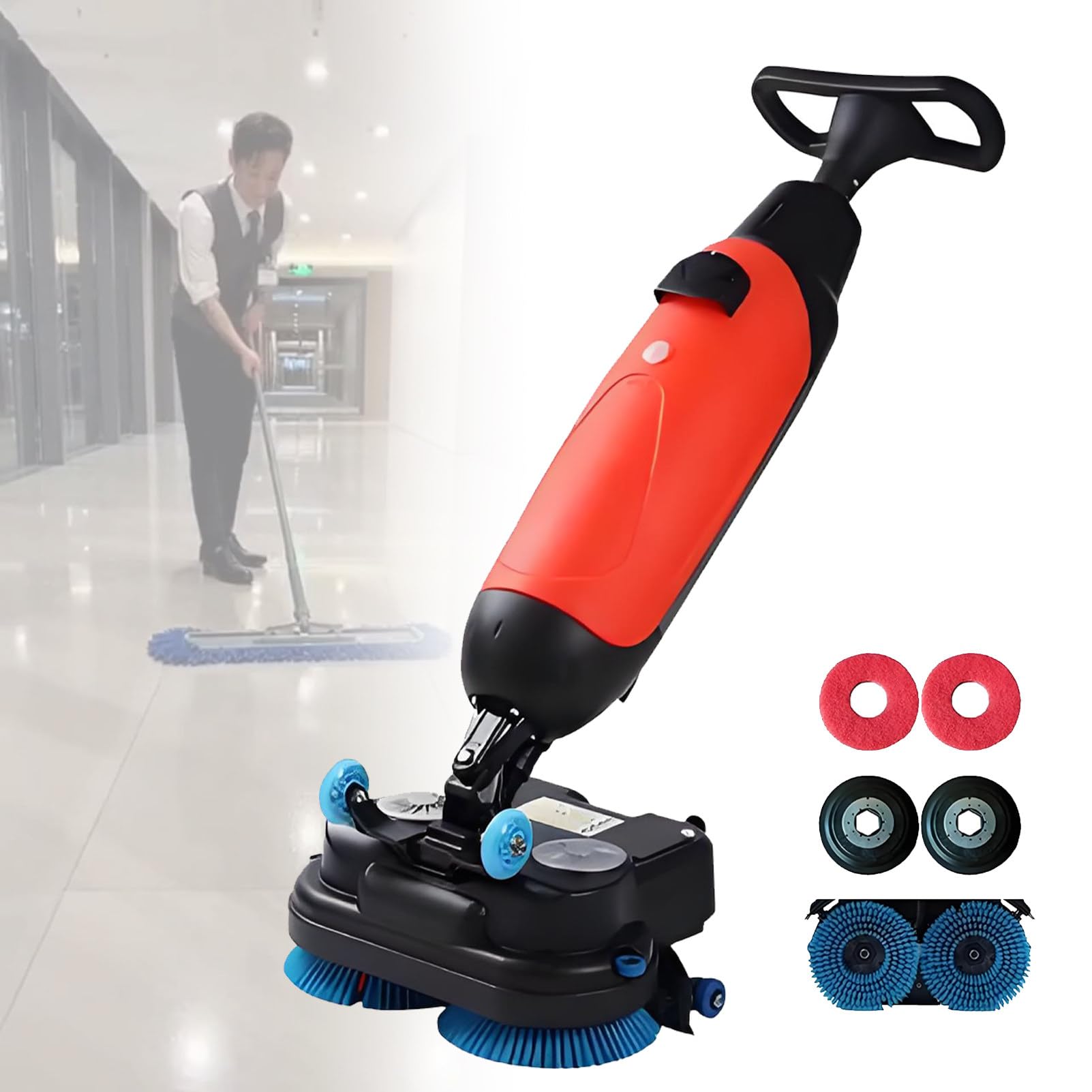 Ofyphth Commercial Floor Scrubber Dryer, Walk Behind Floor Scrubber Dryer, 17" Scrub Path, 4.5L+7.5L Dual Tanks, Coverage 10764 Sqft/H, for Wooden Floors, Tiles, Terrazzo, Marble, Cement Floors. Red