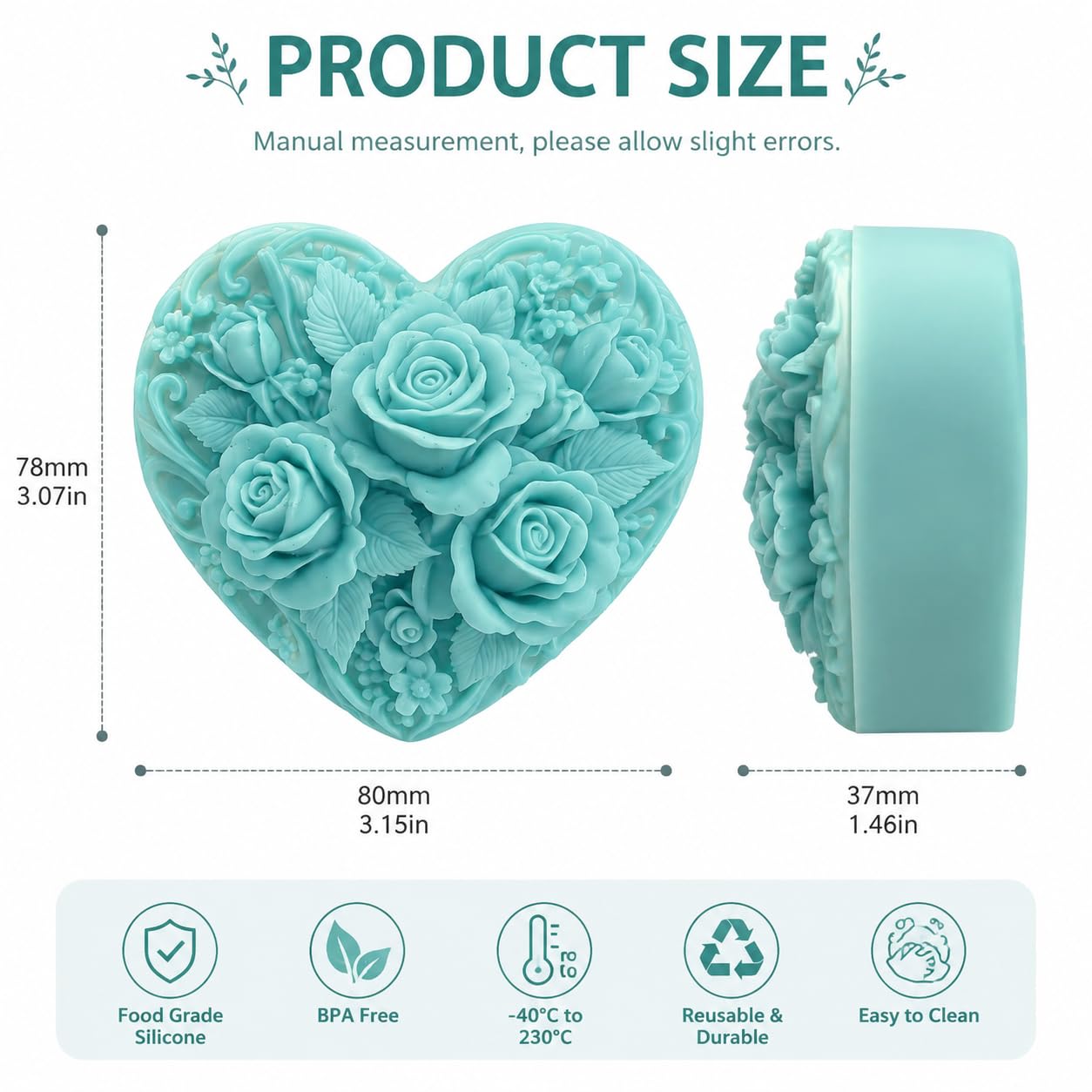 Molde de silicona de corazón de 3 cavidades con diseño de rosas en relieve, molde grande para jabón hecho a mano, fabricación de velas, arte de resina, chocolate, cera derretida, yeso aromático y