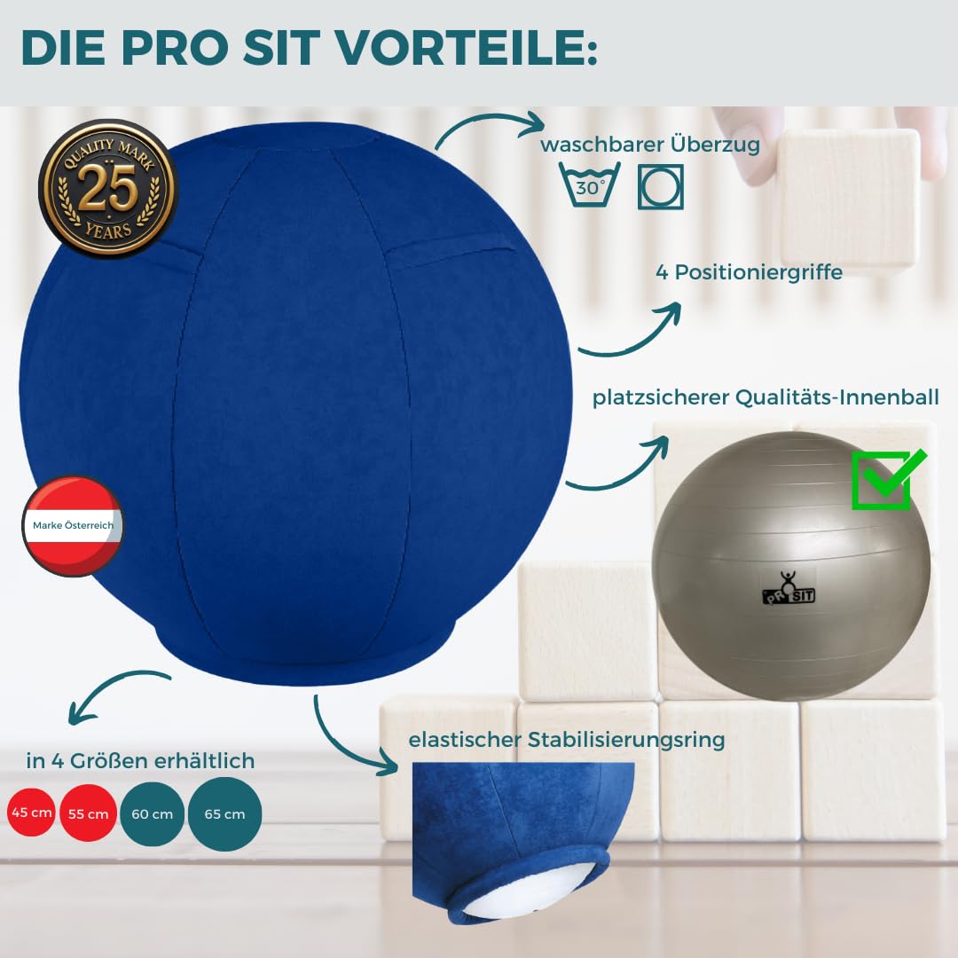 PRO KID Sitzball 45 cm/55 cm – Gymnastikball klein mit Stoff Bezug, für Kinder geeignet, Ergonomischer Sitzball, kein Wegrollen, Balance Ball, Waschbarer Bezug, Microfaser