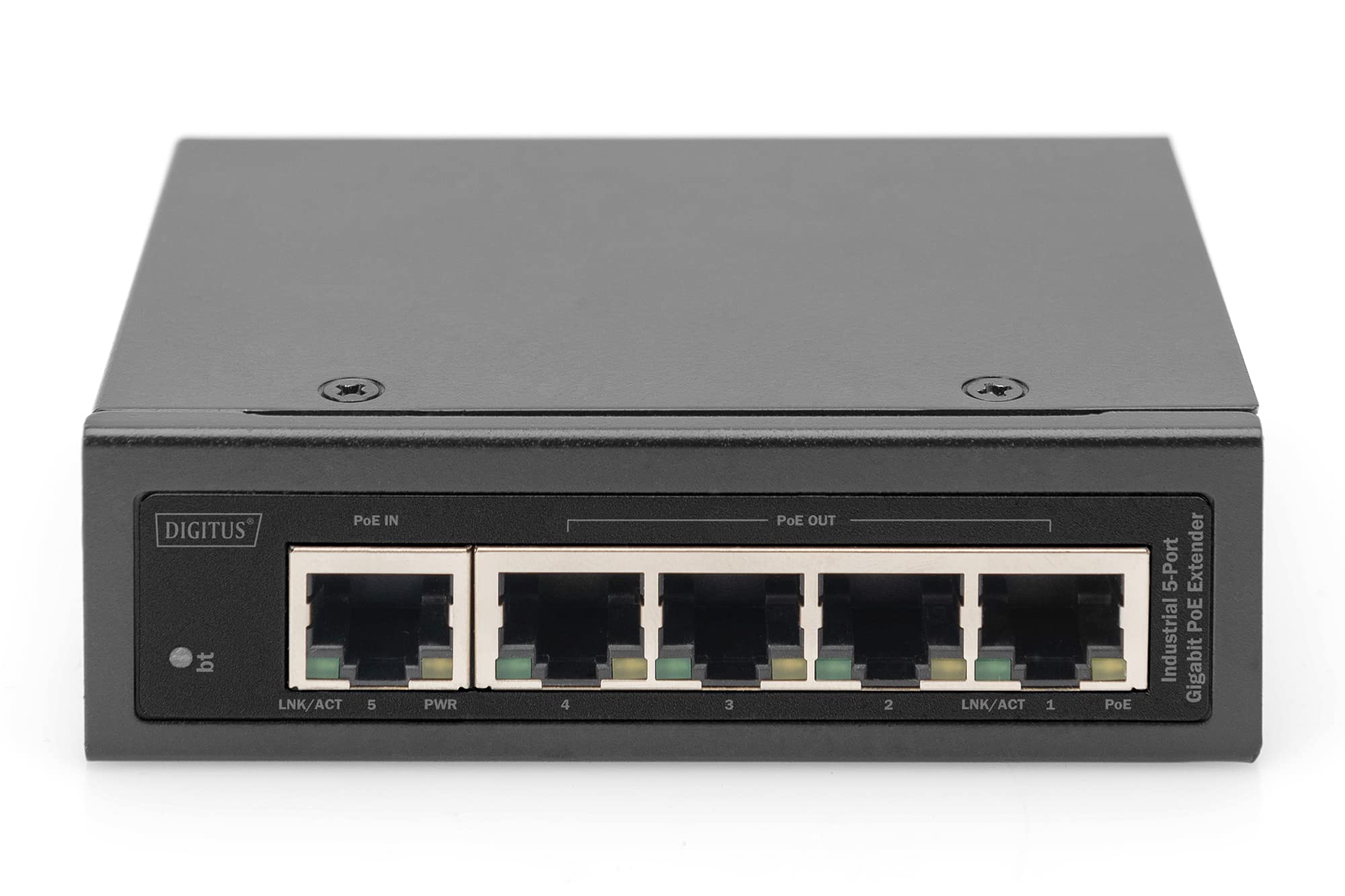 DIGITUS Extensor PoE Gigabit Industrial de 5 Puertos - 1 Puerto RJ45 de Entrada 802.3bt - 4 Salidas RJ45 PoE 802.3af/at - conectable en Cascada - 10/100/1000 Mbit/s - Negro