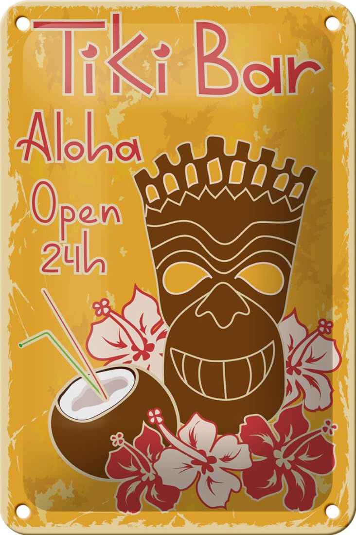 Tin Sign 18 x 12 cm Hawaii Tiki Bar Open 24h DekoNo7