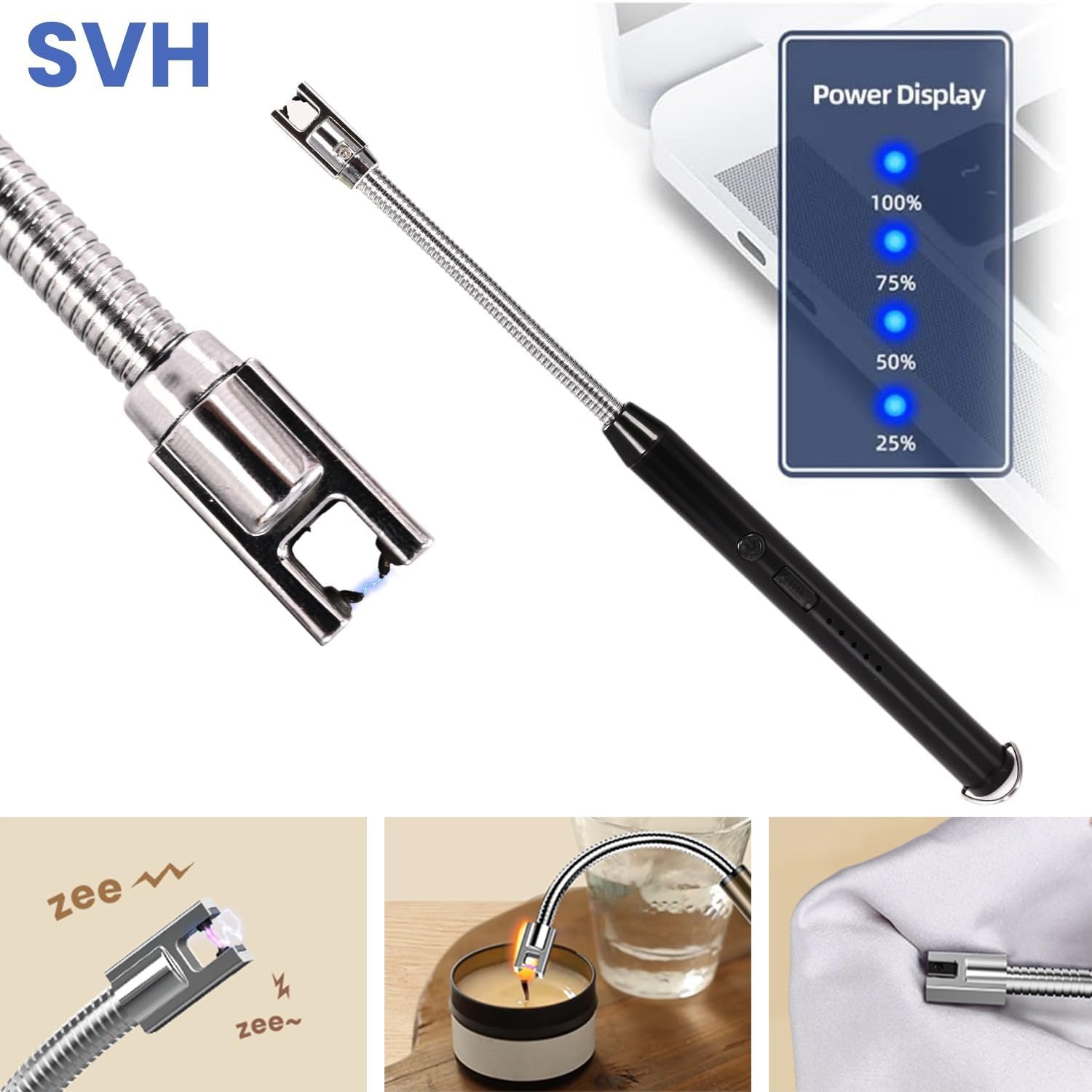 SVH USB Rechargeable Plasma Lighter Electric Windproof Flameless Kitchen Lighter for Gas Stove, Candles & Pooja | 360° Flexible Neck | Multipurpose Eco Friendly Reusable (Black) — Amazon image 2