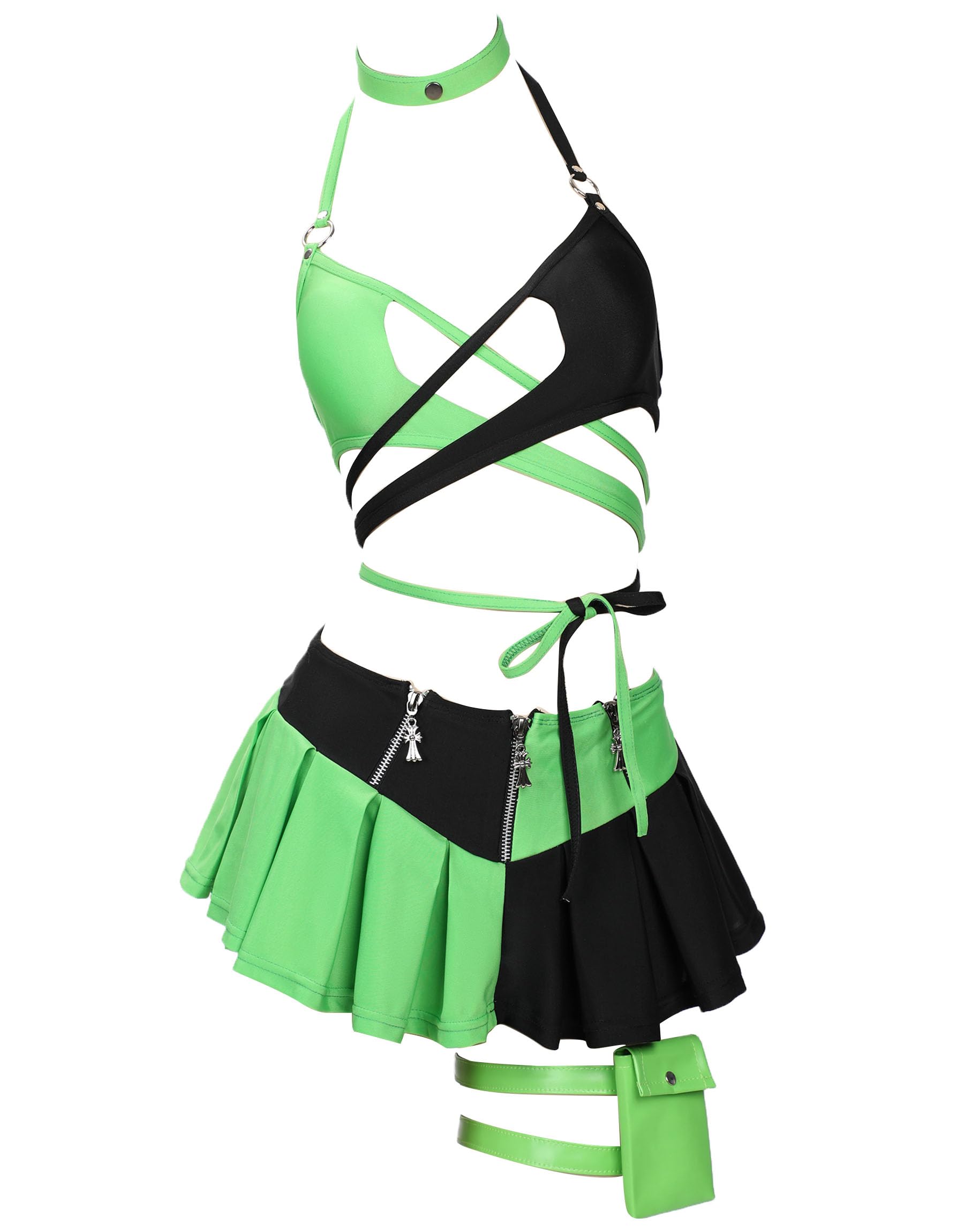 MEOWCOS Gothic Black Green Spliced Halter Bra and Bottom Bathing Suit with Long Sleeve Top Skirt and Choker